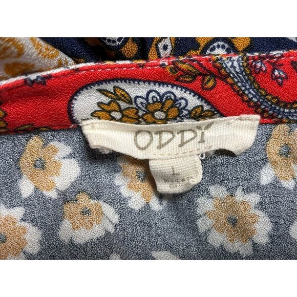 Oddy Peasant Geometric patchwork Floral Tunic Top Womens Sz L Multicolor V-Neck - Picture 3 of 7